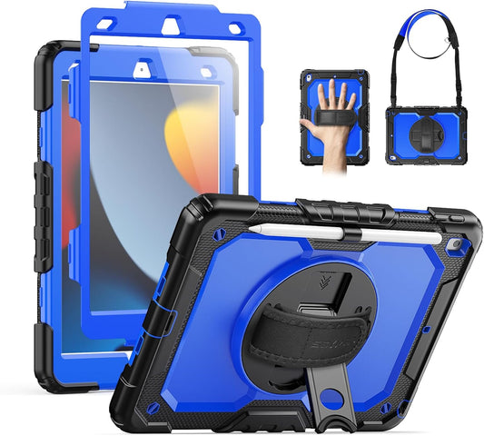 SEYMAC Case Ipad 9Th Generation Kids Ipad 10.2 Case 2021, Full-Body Shock Protective Ipad 7/8/9 Case with Screen Protector Rotating Hand Strap Stand for Ipad 10.2-Inch 9Th/8Th/7Th Gen, Black/Blue